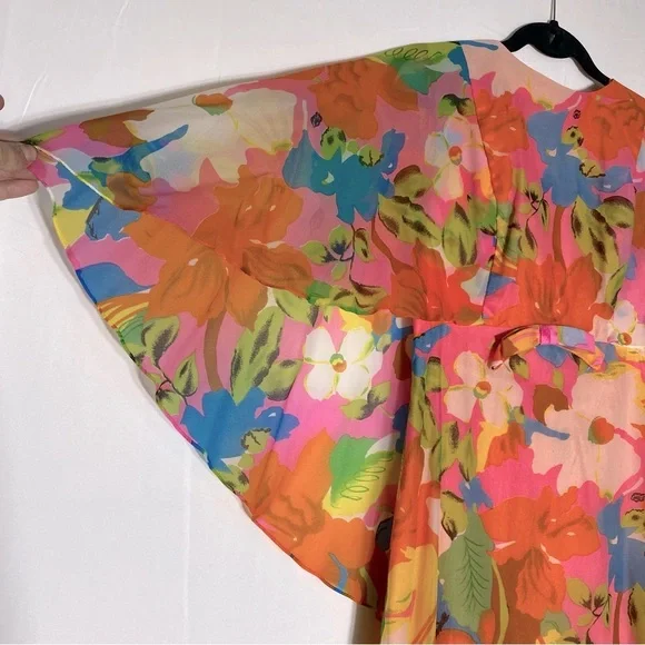 Vintage 60’s 70’s Orange Pink Blue Floral Capelet Chiffon Maxi Dress M Boho - Picture 12 of 16